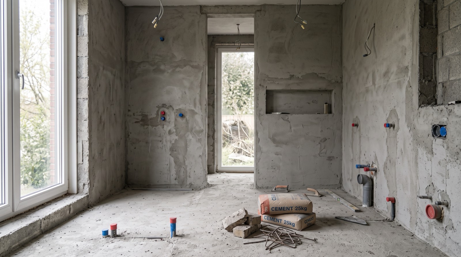 Badkamer tijdens de renovatie, met nieuwe leidingen in de kale wanden