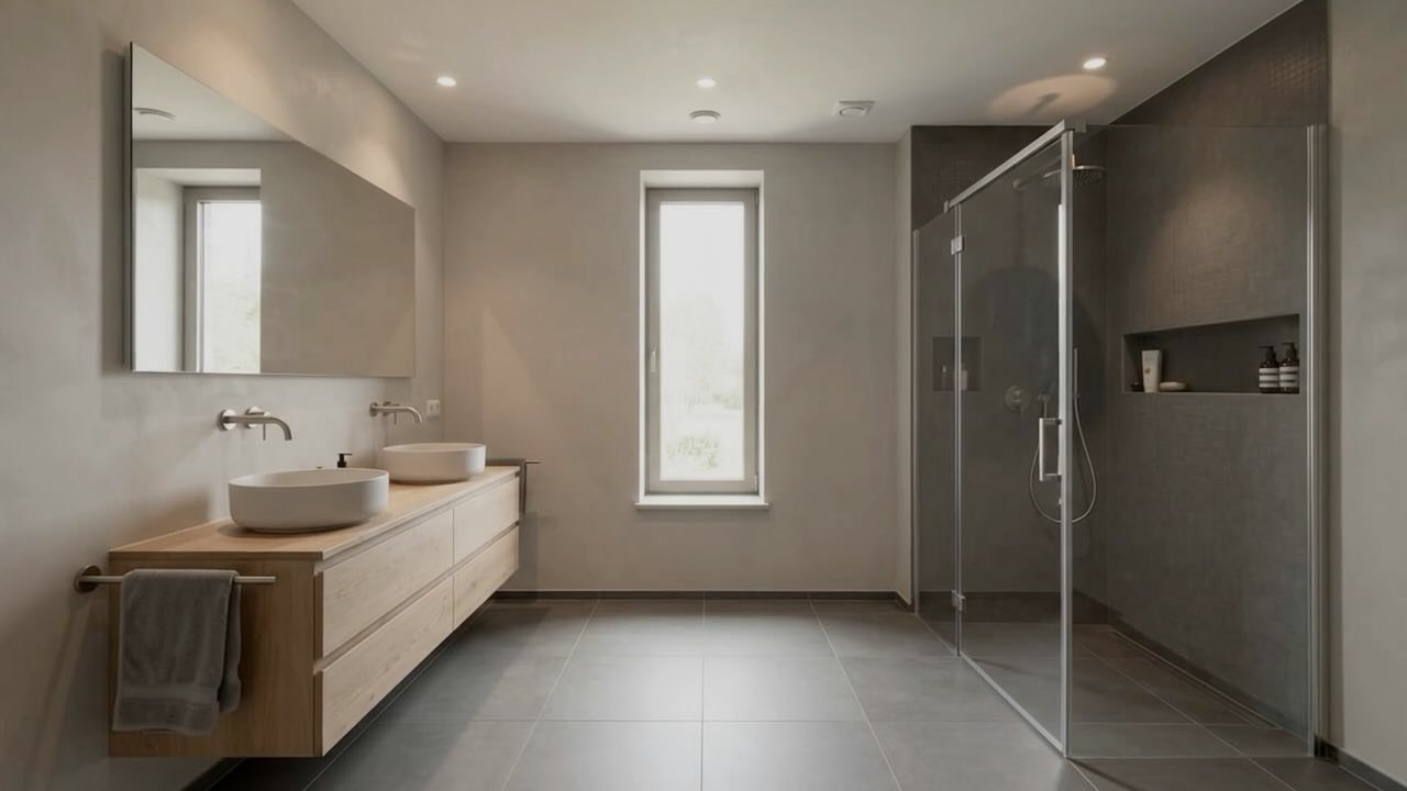 Badkamer met inloopdouche en dubbele wastafel