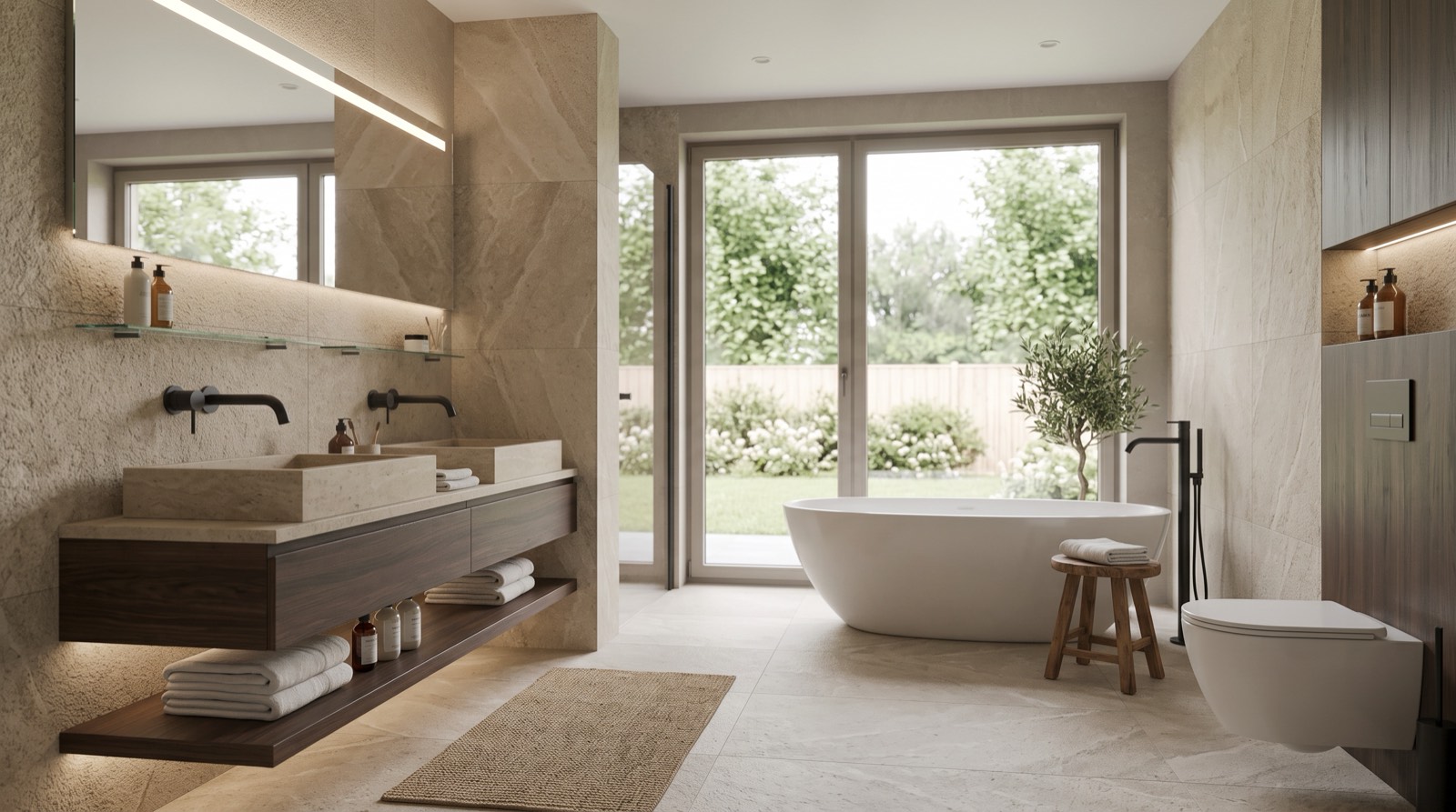 Afgewerkte badkamer met vrijstaand bad en zicht op de tuin